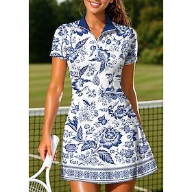Women's Floral Bohemian Tennis Dress Sports Dress Short Sleeve Print Breathable Volleyball Tennis Golf Polo Collar Zip Collar Dress Blue and White Black Pink T