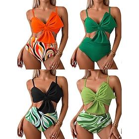 Women's Swimwear Bikini 2 Piece High Waist Swimsuit Ruched Vacation Beach Wear Graphic V Neck Sleeveless Bathing Suits