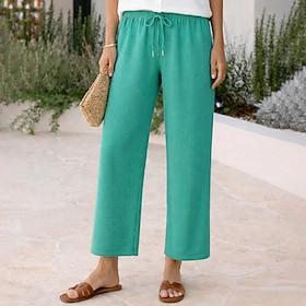 Dame Bukser Casual bukser Vaffelbukser Ferie Mode Afslappet Hverdag Knælængde Høj Talje Helfarve Vanlig Snørelukning Lomme Elastisk talje Komfort Blød Åndbart