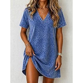 Dame Kort minikjole Vasket kjole 100% Bomull Hverdagskjole T shirt kjole Basale Klassisk Daglig Ferierejse Regulær Vanlig Kortærmet V-hals Blå Sommer Forår