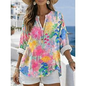 Dame Bluse Trykt mønster Blomstret Grafisk Årgang Daglig Stilfuld Langærmet V-hals Almindelige toppe Afslappet Daglig Ferie Blå Gul Lyserød Lilla Sommer Forår