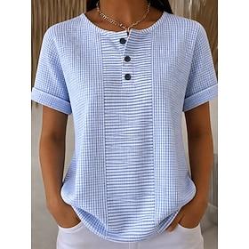 Women's Waffle T Shirt Print Chest Buttons Graphic Geometric Plaid Stylish Classic Modern Short Sleeve Henley Long Tops Daily Blue Yellow Pink Red Light Purple