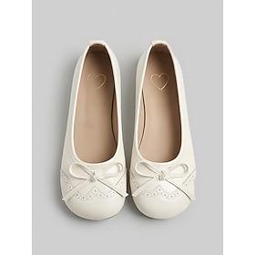 Women's Beige Wide Fit Ballet Flats with Bow – Comfortable Slip-On Shoes with Brogue Detail for Casual Work, Travel and Everyday Wear