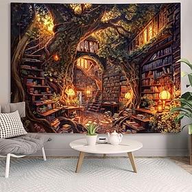 Fantasy Magic Tree Library Wall Tapestry Ancient Treehouse Bookshelf Wall Hanging Spiral Staircase Warm Light Art Large Fabric Poster for Reading Nook Bedroom