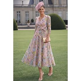 A-linje Ankellængde Blomster kjole Cocktailkjoler Elegant Årgang Blomster Langærmet V-hals Havefest Bryllup Lomme Satin Tyl Cowlhals med Broderet blomst Sløjfe