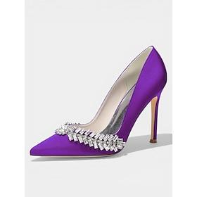 Lilla satinhæle med spids tå og stiletto-pumps med rhinstensudsmykning til cocktailfest og bryllup aftenarrangementer