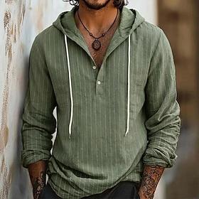Men's Shirt Linen Shirt Summer Shirt Beach Wear Hooded Shirt Striped Shirts Vertical Stripes Casual Vacation Black White Navy Blue Green Long Sleeve Hoodie Sum