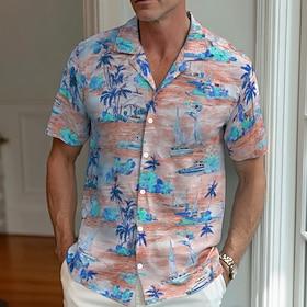 Herre Kokos palme Tropiske Planter Blomster Skjorte Cubansk skjorte Hawaii skjorte Kortærmet Hawaiiansk Ferierejse Ferie Strand Tøj Sommer Forår Camp Collar sk