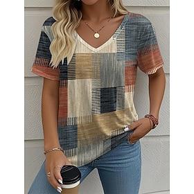 Women's T Shirt Print Graphic Geometric Stylish Classic Casual Short Sleeve V Neck Regular Tops Casual Daily Wine Purple Brown Summer Spring
