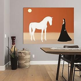 Stort abstrakt oliemaleri af hvid hest på lærred Original vægkunst på lærred med hvid hest og pige Minimalistisk dyrevægkunst til stuen