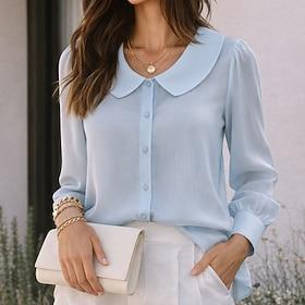 Dame Skjorte Casual skjorte Strandtrøje Button Up skjorte Helfarve Vanlig Elegant Ferie Mode Langærmet Peter Pan krave Almindelige toppe Streetwear Strand Feri