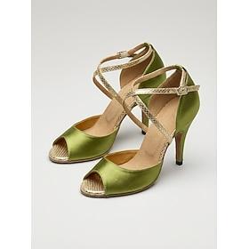 Damesko med grønne latin-hæle i satin, åben tå med krydsremme til salsa, tango og øvelse ydeevne