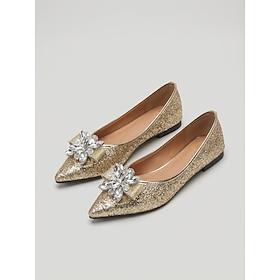 Women's Gold Glitter Bridal Flats, Pointed Toe Wedding Shoes with Crystal Flower Detail for Ceremony, Reception  Bridal Comfort