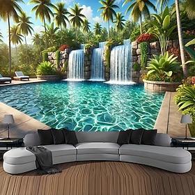 tropisk paradis resort vandfald swimmingpool palmer natur landskab vægtæppe vægophæng stor stof baggrund til stue soveværelse kollegieværelse hjemmekontor indr