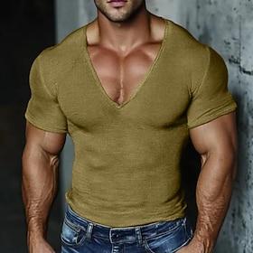 Men's Knit Tee Tee Top Cotton Blend T-Shirt Short Sleeve V Neck Summer Solid Color Fashion Designer Basic Knitted Casual Vacation Street Light Blue Top Tee for