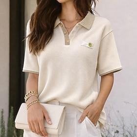 Dame Skjorte Vaffelskjorte Casual skjorte Button Up skjorte Patchwork Broderi Knapper Helfarve Vanlig Ferie Mode Daglig Kortærmet Aftæpning Almindelige toppe S