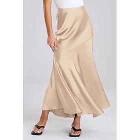 Dame Satin Nederdele Elegant Maxi Høj Talje Nederdele Ensfarvet Patchwork Uelastisk Ferierejse Dybgrøn Sort Champagne Sommer