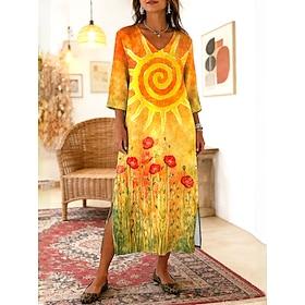 Women's Maxi Dress Boho Dress Shift Dress Sundress Beach Dress Bohemia Vacation Ethnic Beach Holiday Date Loose Fit Floral Graphic Abstract 3/4 Length Sleeve V