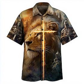 Herre Løve Tempelridderne Kors Skjorte Button Up skjorte Kortærmet Vintage retro Streetwear Ferierejse Sommer Forår Aftæpning 3D-udskrivning krave skjorter Grå