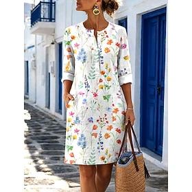 Women's Knee Length Dress Casual Dress Vacation Vintage Casual Holiday Regular Fit Floral Graphic Long Sleeve V Neck Blue Purple Orange Green Summer Spring