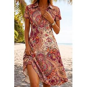 Dame Knælange Kjole A Linje Kjole Ferie Afslappet Boheme Strand Regulær Blomstret Grafisk Kortærmet V-hals Lyserød Sommer Forår