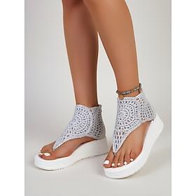 Grå hæklede sandaler med kilehæl til kvinder – sandaler med åben tå og lynlås bagpå til strand, ferie og sommer