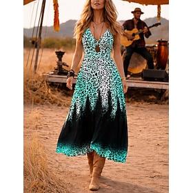 Music Festival Women's Midi Dress Western Boho Sundress A Line Dress Off The Shoulder Dress Vacation Party Casual Beach Party Holiday Regular Fit Graphic Leopa