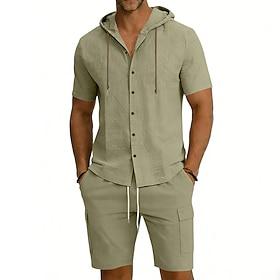 Herre Linned skjorte 2 Dele Skjorte sæt Og Shorts med lommer Shorts Linneshorts Sæt Vanlig Daglig udendørs Ferierejse Hætte Kortærmet Sommer Mode Afslappet Bek