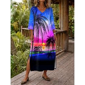 Dame Maxikjole Boho-kjole Skift Kjole Sommerkjole Linned kjole Boheme Ferie Etnisk Strand Ferie Stævnemøde Løstsiddende Grafisk Abstrakt Tropisk 3/4-ærmer V-ha