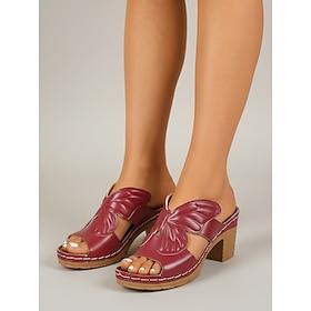 Damesandaler med bordeauxrøde sommerfugleprægede blokhæl – komfortable sandaler med åben tå til haven og hverdagsbrug