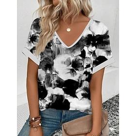Dame T-shirt Trykt mønster Blomstret Grafisk Planter Årgang Stilfuld Klassisk Kortærmet V-hals Almindelige toppe Afslappet Daglig Weekend Sort Hvid Grøn Sommer