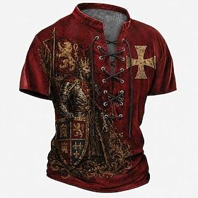 Knights Templar Crusader Armor Red Cross Raven Men's Medieval Renaissance Vintage Gothic Henley Shirt All Over Print Lace Up Short Sleeve Renaissance Faire Cos
