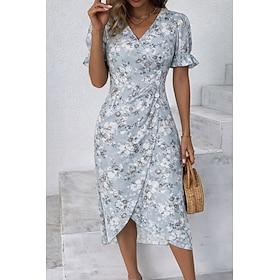 Dame Midikjole Sommerkjole Flæse kjole Bodycon kjole Ferie Fest Afslappet Regulær Blomstret Grafisk Kortærmet V-hals Blå Gul Lyserød Sommer Forår