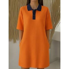 Women's Knee Length Dress Shift Dress Tartan Dress Classic Daily Weekend Loose Fit Color Block Short Sleeve Shirt Collar White Light Green Orange Summer Spring