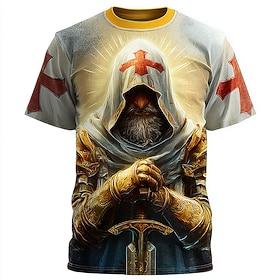Herre Tempelridderne Kors T-shirt Kortærmet T-shirt 3D-udskrivning Rund hals Skjorte Gotisk Vintage retro Gade Mørk fest Hvid Gul Alle årstider Tøj S M L XL 2X