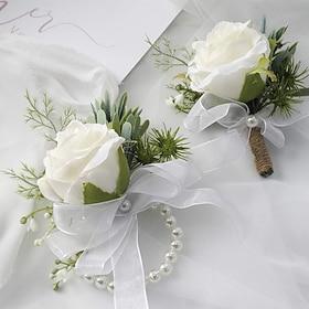 Elfenbensrosa håndledskorsage armbånd og herre-boutonnieresæt til hvide bryllupsblomstertilbehør gallafest jakkesætdekorationer