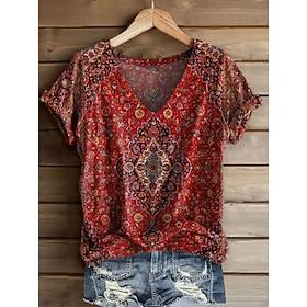 Dame T-shirt Trykt mønster Blomstret Grafisk Planter Årgang Stilfuld Afslappet Kortærmet V-hals Almindelige toppe Daglig Weekend Blå Gul Lyserød Vin Rød Sommer