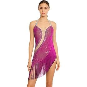 Dame magenta latin dansekjole - halterneck glitrende rhinsten frynsekjole til ballroom, salsa ydeevne