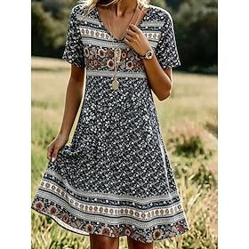 Halloween Women's Knee Length Dress Sundress T Shirt Dress Tee Dress A Line Dress Vacation Casual Boho Beach Regular Fit Floral Graphic Short Sleeve V Neck Bla