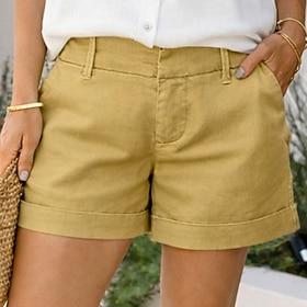 Women's Cotton Linen Shorts Shorts Summer Shorts Beach Shorts Vacation Fashion Basic Short Mid Waist Solid Color Plain Pocket Comfort Soft Breathable Inelastic