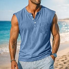 Herre Tanktop Vest Top Underskorte Ærmeløs skjorte Uden ærmer Henley Sommer Vanlig Mode Designer Basale Lomme Knapper Afslappet Ferierejse Gade Blå Sort Lysegr