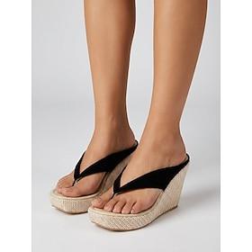 Sorte damesandaler med kilehæl - elegante plateausandaler med ruskindstekstur og vævet espadrillesål til ø-ferier og tropiske strandferier sommertøj til krydst