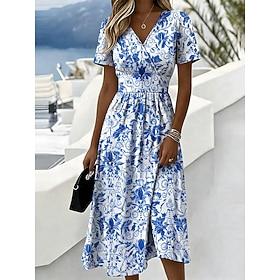 Women's Midi Dress A Line Dress Vacation Casual Boho Regular Fit Graphic Geometric Short Sleeve V Neck Blue Red Purple Green Summer Spring
