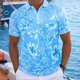 Men's Floral Hawaiian Polo Shirts Short Sleeve Polo Shirts Lapel Casual Resort Athleisure Vacation Wear 3D Print Buttons Spring  Summer Blue Navy Blue Purple