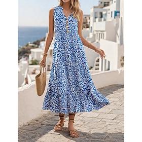Women's Maxi Dress A Line Dress Vacation Casual Outdoor Going out Standard Fit Floral Graphic Sleeveless V Neck Blue Yellow Fuchsia Orange Summer Spring
