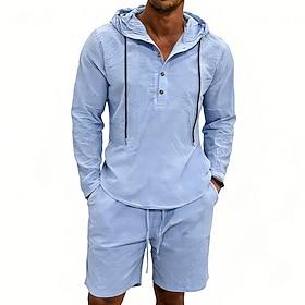Men's Linen Shirt 2 Piece Popover Shirt And Shorts Linen Shorts Beach Shorts Set Plain Daily Outdoor Vacation Hooded Long Sleeve Summer Fashion Casual Comforta