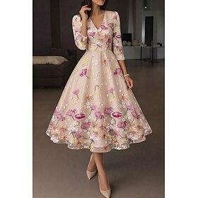 A-linje Ankellængde Te-længde Cocktailkjoler Elegant Årgang Blomster Langærmet V-hals Havefest Bryllup Satin Tyl Cowlhals med Broderet blomst Sløjfe(r) Broderi