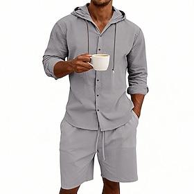 Men's Linen Shirt 2 Piece Shirt Set And Shorts Linen Shorts Beach Shorts Set Plain Daily Outdoor Vacation Hooded Long Sleeve Summer Spring Fashion Casual Comfo