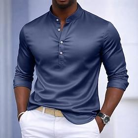 Men's Shirt Satin Shirt Dress Shirt Button Up Shirt Pullover Plain Wedding Formal Black White Blue Sky Blue Long Sleeve Grandad Collar All Seasons Clothing App