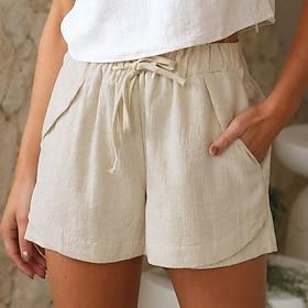 Dame Imiteret bomuldslinned Shorts Sommer shorts Strandshorts Ferie Mode Afslappet Hverdag Korte Høj Talje Helfarve Vanlig Snørelukning Lomme Elastisk Talje Ko